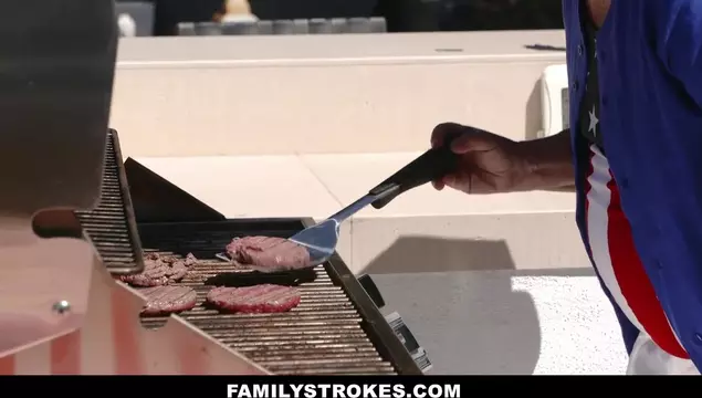 While the guy was frying burgers, his son-in-law fucked his daughter and his big-titted MILF wife